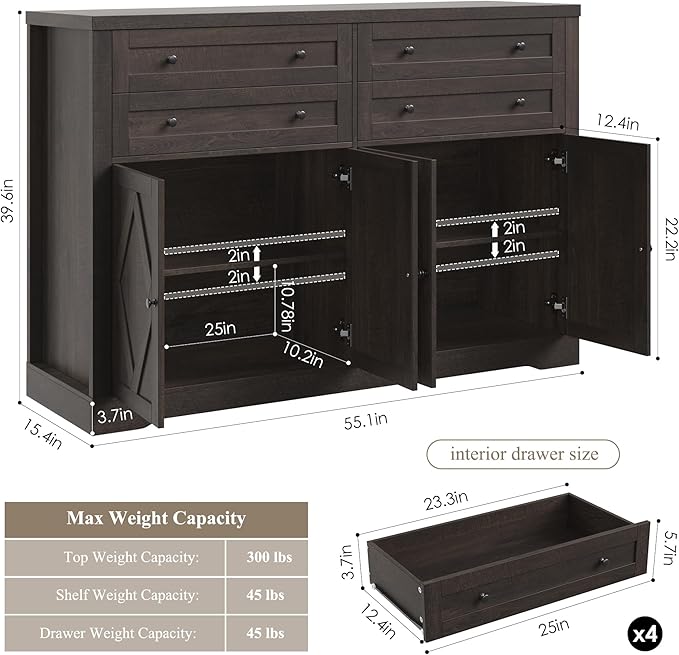 HOSTACK 55" Coffee Bar with 4 Large Drawers, 40" Tall Buffet Cabinet with Storage, Kitchen Storage Cabinet, Modern Farmhouse Sideboard Buffet, Adjustable Shelves for Living Room, Dark Brown