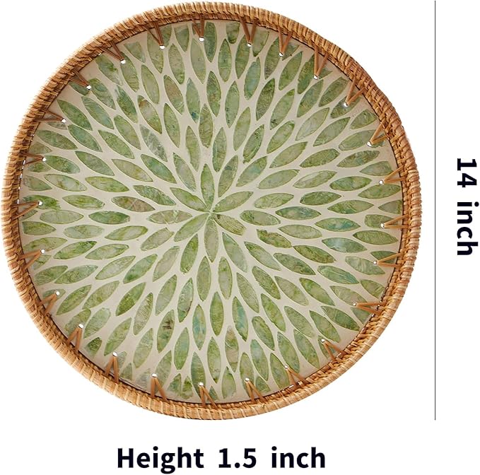 Round Rattan Tray with Mother of Pearl Inlay, Rattan Serving Tray with Wooden Base, Decorative Wicker Basket for Table Decor, Storage and Display of Coffee Bread Food Fruit (Leaf 13.5")
