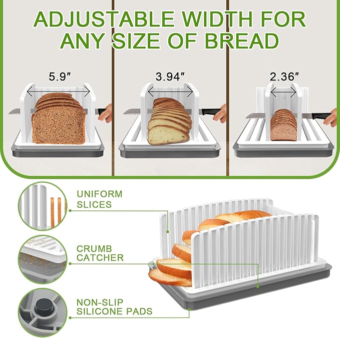 HHXRISE Bread Slicer for Homemade Bread, Adjustable Bread Slicer Guide with Crumb Tray, Plastic Bread Loaf Slicing for Kitchen Homemade Sourdough Rounds,Sandwich Cutter