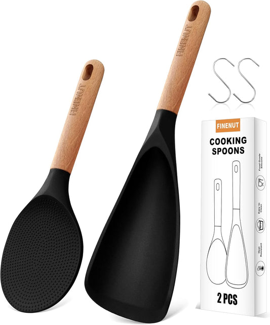 Multifunction Silicone Spatula Spoon 2-Pack Dual-Use-Heat-Resistant 446°F BPA-Free Non-Toxic Cooking for Non-Stick Cookware,Rice Cookers,Wooden Handle Scoop/Serve Meal/Rice Spoon Set (Black)