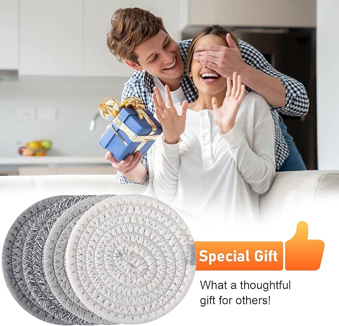 OIAHOMY 8 Pcs Coasters with Holder, Coasters for Drinks, Woven Cotton Absorbent Coaster Set for Kinds of Cups, Housewarming Gifts for Home Decor -Grey