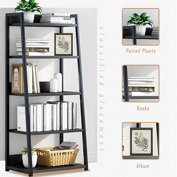 IOTXY 4 Tier Open Bookshelf - Steel and Wood Display Stand, 50CM Width Floor-Standing Bookcase, Black