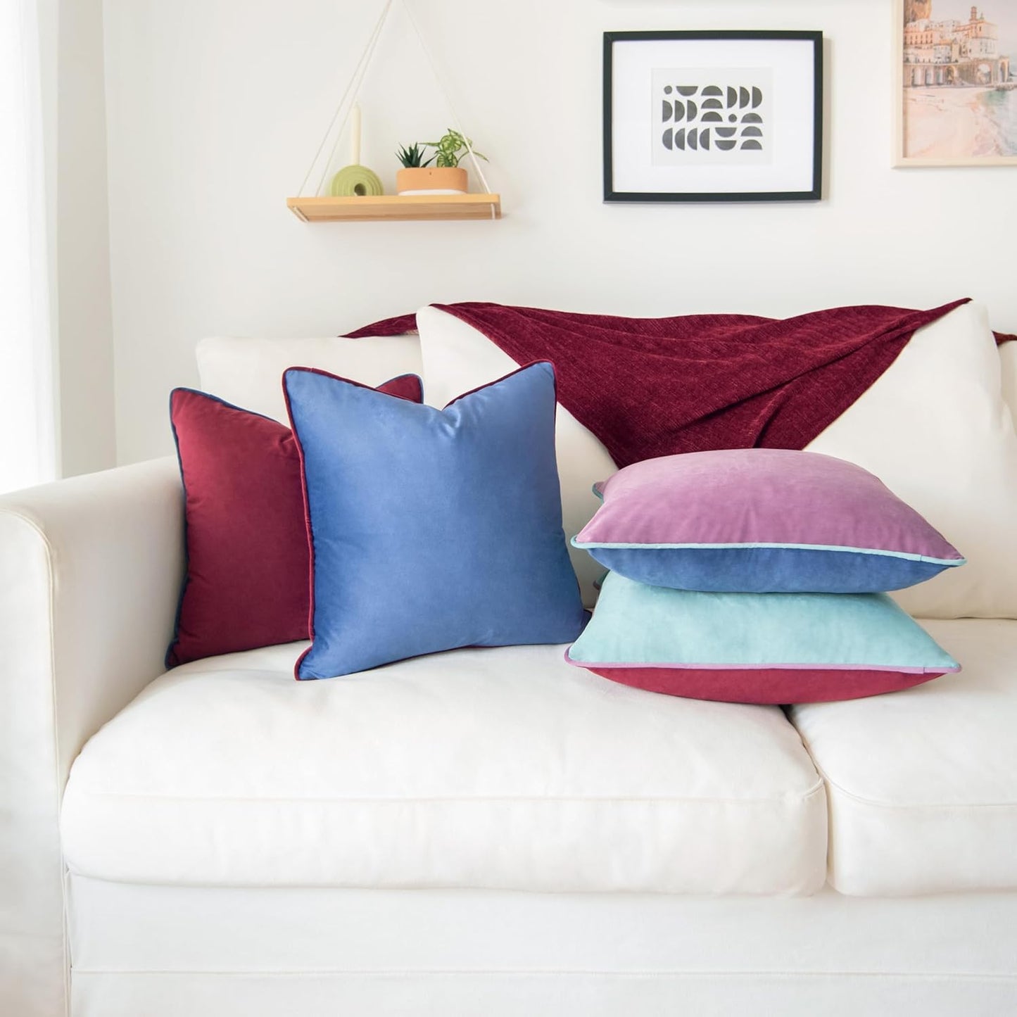 MONDAY MOOSE Decorative Throw Pillow Covers Cushion Cases, Set of 4 Soft Velvet Modern Double-Sided Designs, Mix and Match for Home Decor, Pillow Inserts Not Included (18x18 inch, Purple/Blue)