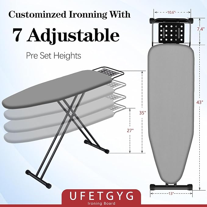 Ironing Board,13" X 43" W/with Iron Rest | Full Metal Construction| Height Adjustable | Heat & Scorch Resistant Fabric | Heavy Duty| Easy to Fold | Anti-Skid Feet |Grey