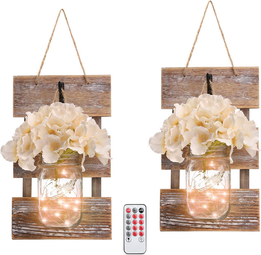 HOMKO Mason Jar Wall Decor with LED Fairy Lights and Flowers - Farmhouse Home Decor (Set of 2)
