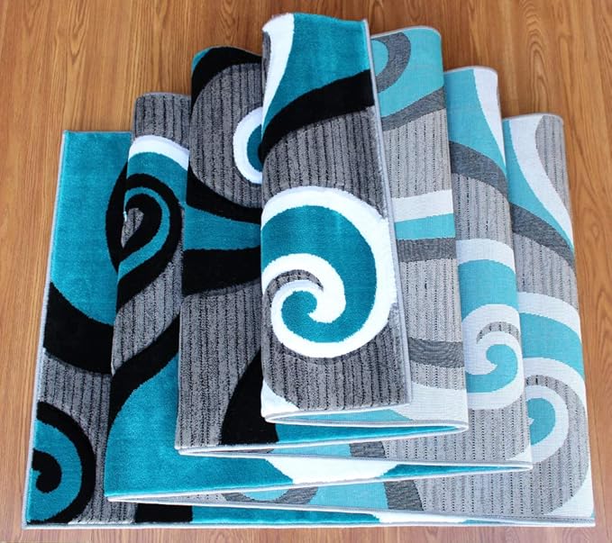 Masada Rugs Sophia Collection Hand Carved Long Runner Area Rug Modern Contemporary Turquoise Grey White Black (2 Feet 8 Inch X 15 Feet 6 Inch) Runner