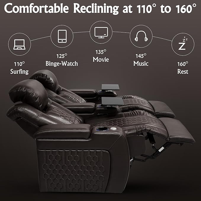 Home Theater Seating, Living Room, Powered Headrest, Powered Lumbar, Italian Leather, Powered Recline, Single Recliner (Coffee Color, Row of 2)