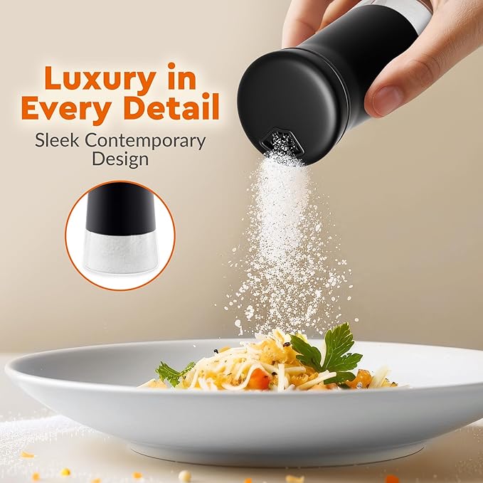 HOME EC Original Salt and Pepper Shakers Set with Adjustable Pour Holes - Black and White Salt Shaker and Pepper Shaker - Farmhouse Spice dispenser for salts, Ground peppercorn and spices