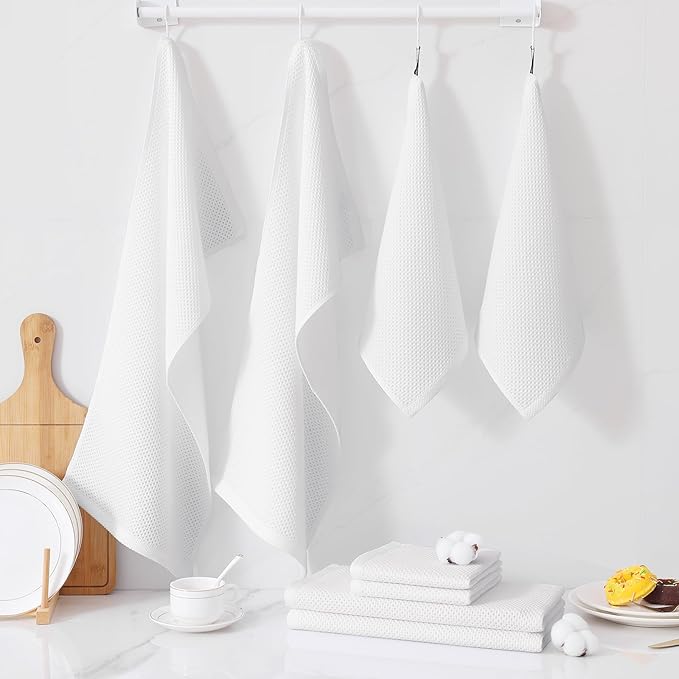 Homaxy 100% Cotton Kitchen Towels and Dishcloths Set, 12 x 12 Inches and 13 x 28 Inches, Set of 12 Bulk Kitchen Towels Set, Ultra Soft Absorbent Dish Cloths for Washing Dishes, White