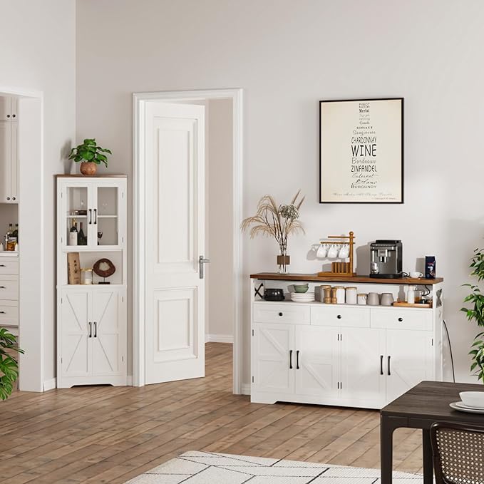 51" Farmhouse Buffet Sideboard Cabinet with Storage, White Kitchen Storage Pantry Cabinet with Drawers, Wood Cupboard Hutch, Coffee Bar Station Table for Kitchen, Living Room, Dining Room