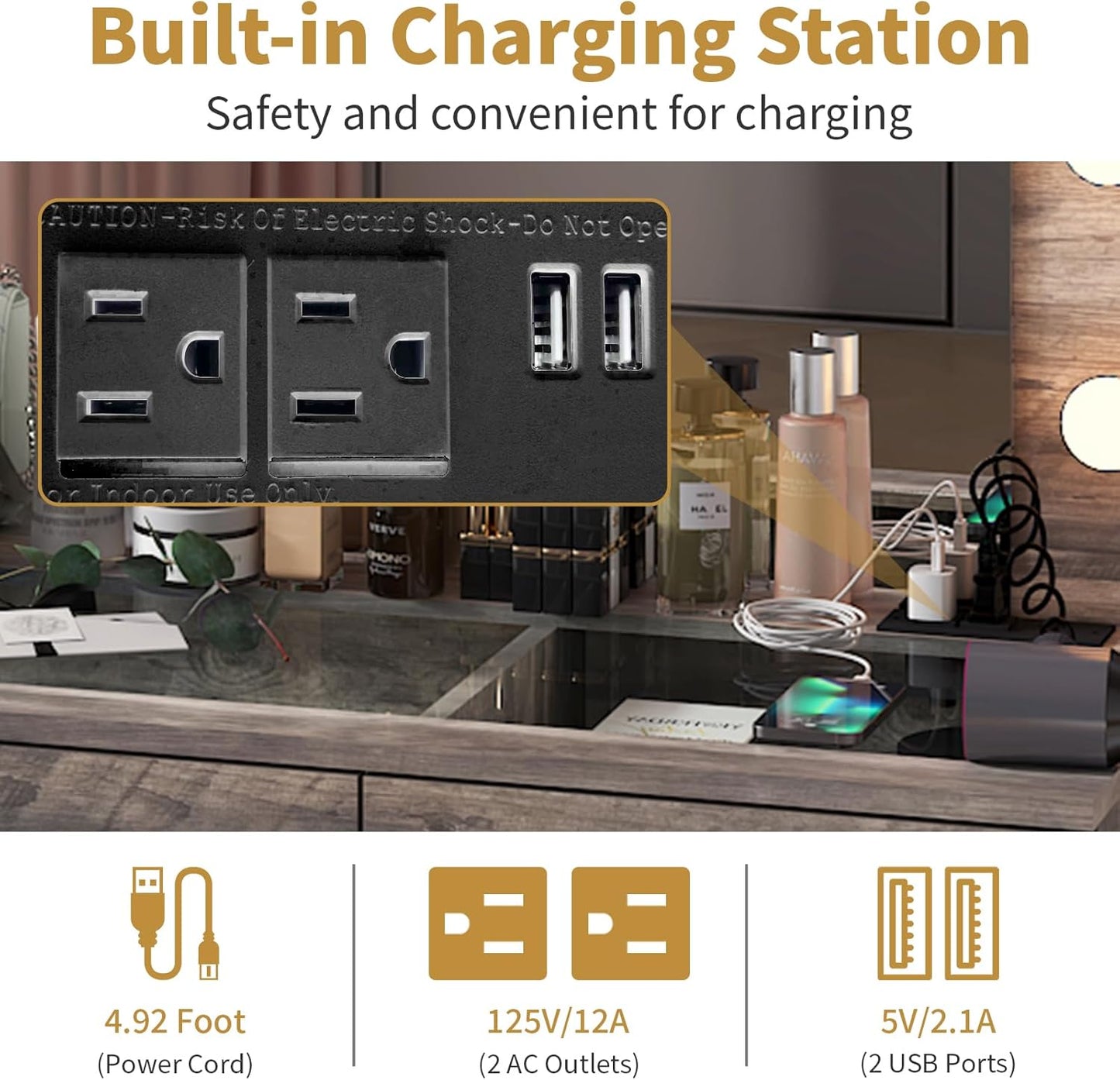 Karl home Vanity Desk with Large Lighted Mirror & Powre Outlet, Glass Tabletop Makeup Vanity Set with 7 Drawers, 45.3" Vanity Table with 3 Color Lighting Modes, Dressing Table for Women Girls, Gray