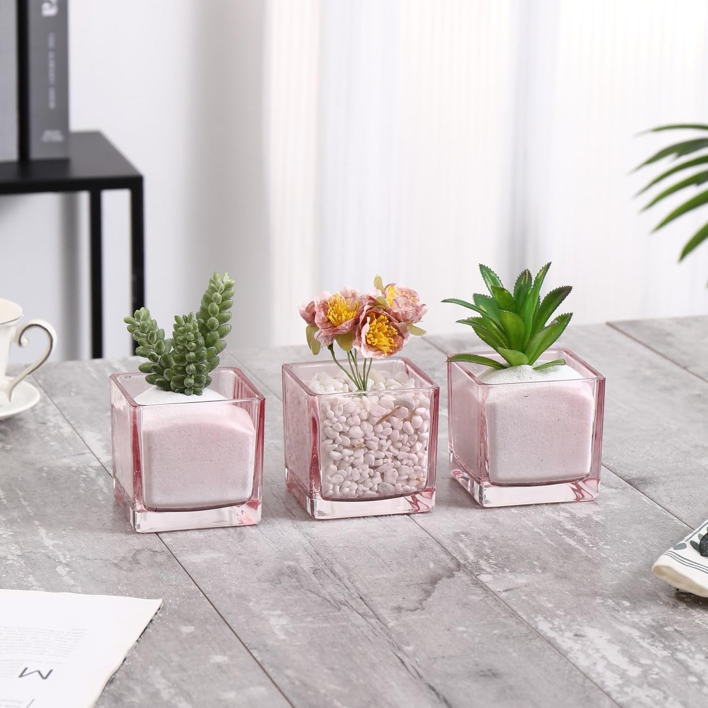 Square Flower Vases Set of 4, 3"x 3"x 3" Glass Vases for Centerpieces, Pink Vase for Flowers, Small Vase for Wedding, Party, Home Office Decoration