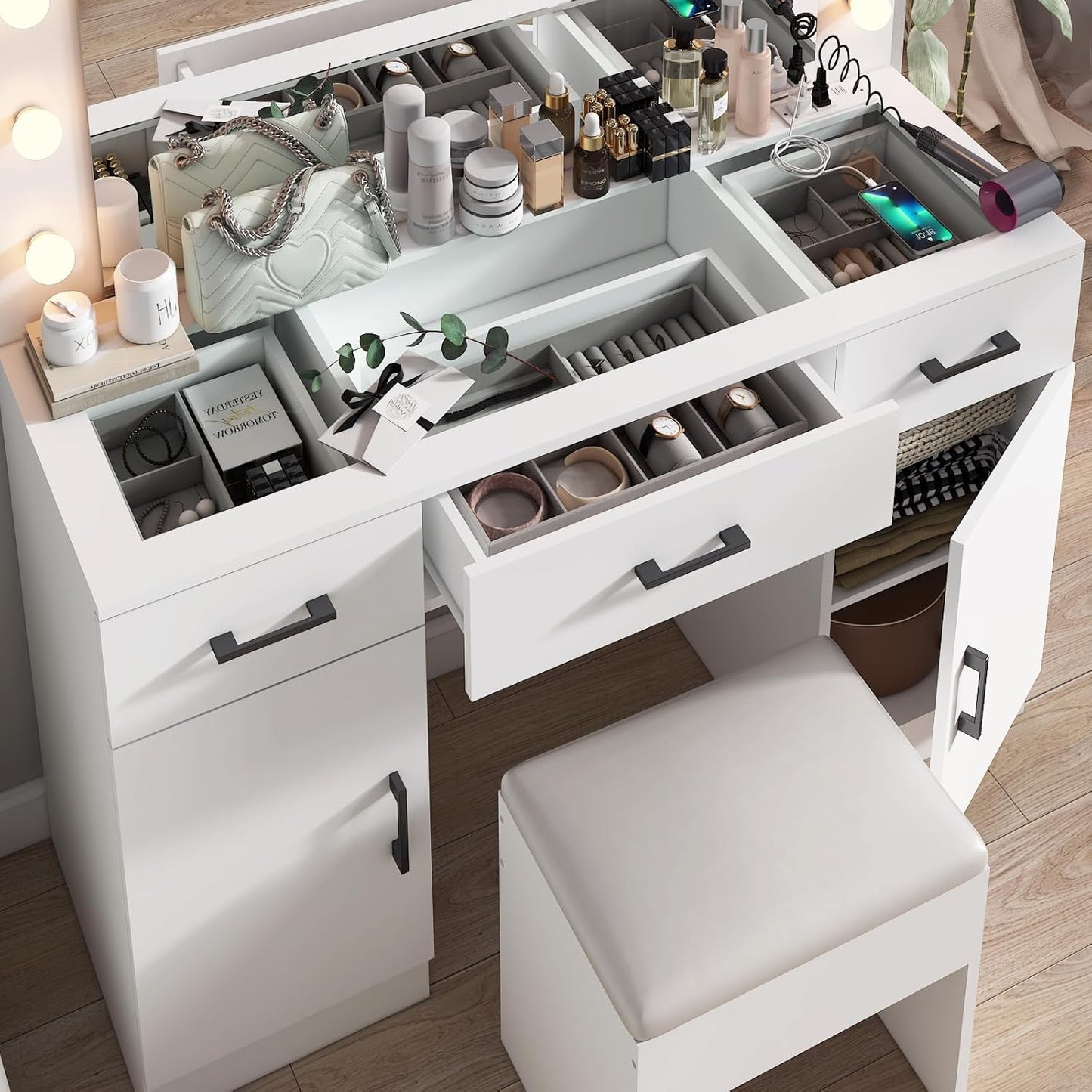 Karl home Vanity Desk with Large Lighted Mirror & Powre Outlet, Glass Tabletop Makeup Vanity Set with 3 Drawers & 2 Cabinet, 45.3" Make up Dressing Table with 12 Lights for Bedroom, White
