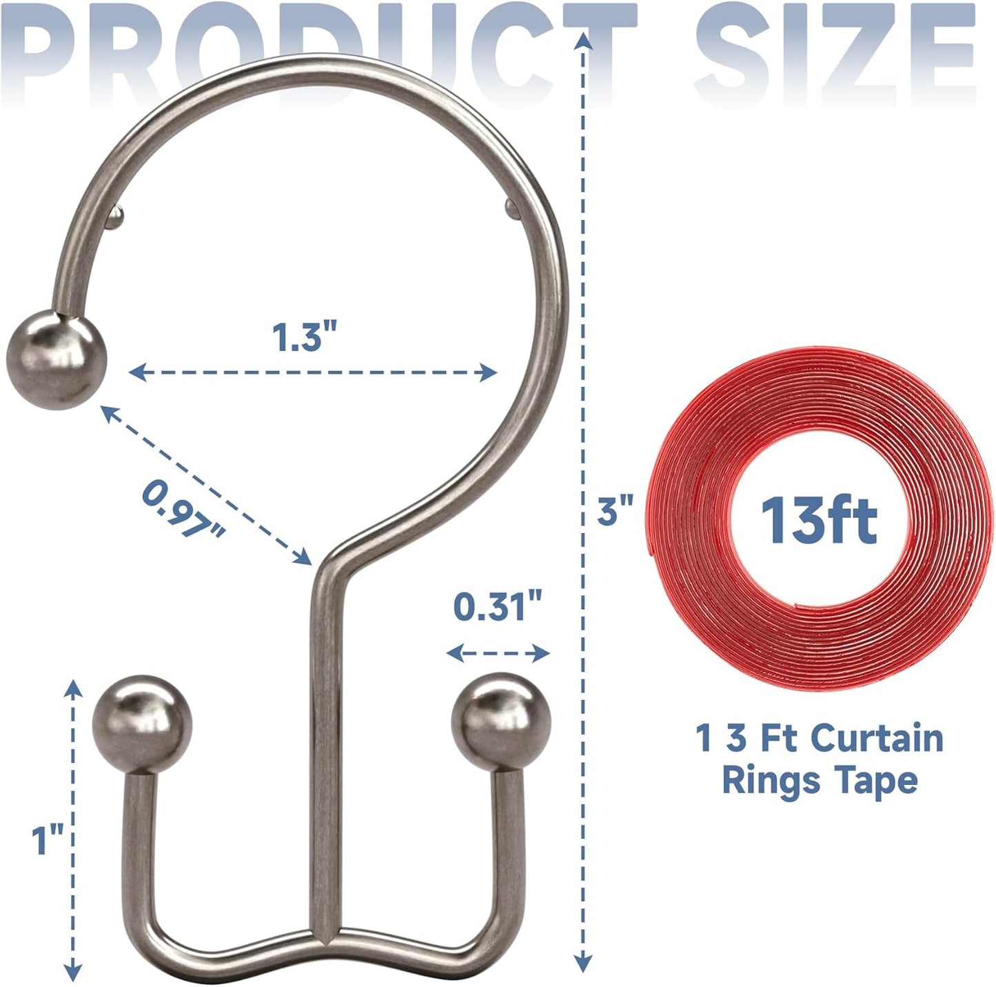 Titanker Shower Curtain Hooks Rings, Minimalist Simple Double Shower Hooks, 12 Pcs Shower Rings and 13 Ft Clear Rod Tape Smooth Sliding Accessories for Bathroom Shower Rods, Nickel