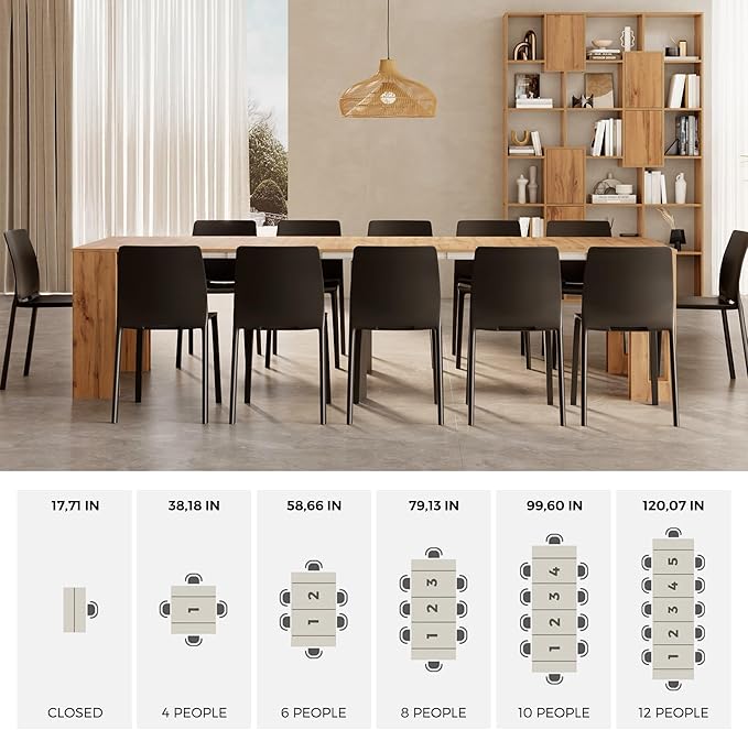 Mobili Fiver, Easy, Extendable Console Table with Extension Leaves Holder, 17.7(120.1) x35.4 in, Rustic Oak, for 4-12 People, Space Saving Dining Table for Entrance, Living Room, Italian Furniture