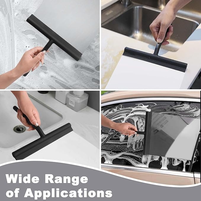Squeegee for Shower Glass Doors, Resilient Loop - No-Drill & Adhesive Hook, Silicone Shower Squeegee with Stainless Steel Core, Cleaning Tool for Home, Kitchen, Bathroom & Car - White