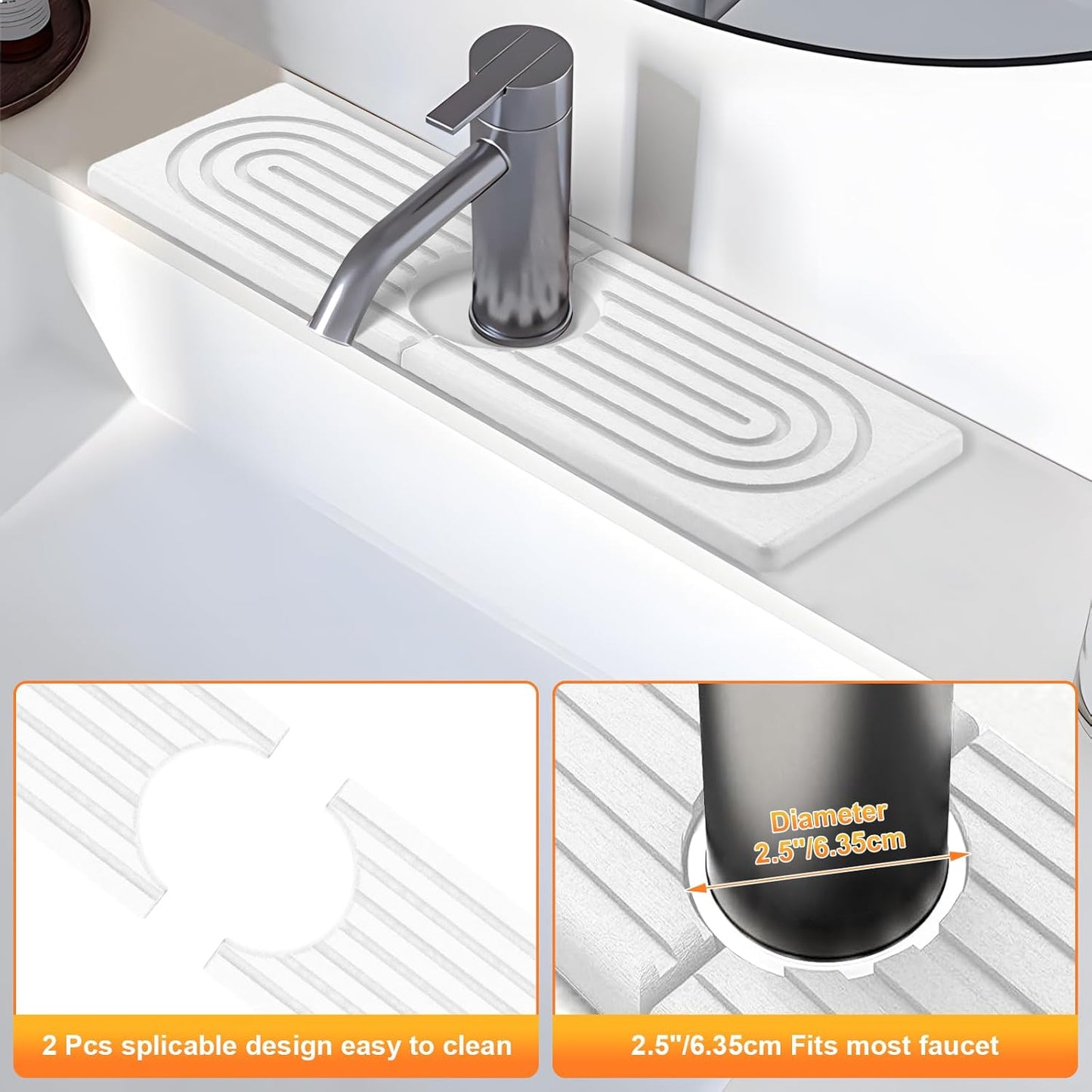 Kitchen Sink Faucet Mat, Super Absorbent Diatomaceous Earth Kitchen Sink Mat Prevents Water Pooling in Sinks, Sink Splash Guard for Kitchen Bathroom Keeps Countertops Dry (White)