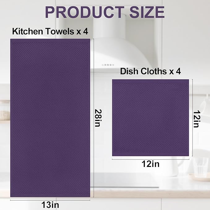 Homaxy 100% Cotton Kitchen Towels and Dishcloths Set, 12 x 12 Inches and 13 x 28 Inches, Set of 8 Bulk Kitchen Towels Set, Ultra Soft Absorbent Dish Cloths for Washing Dishes, Eggplant