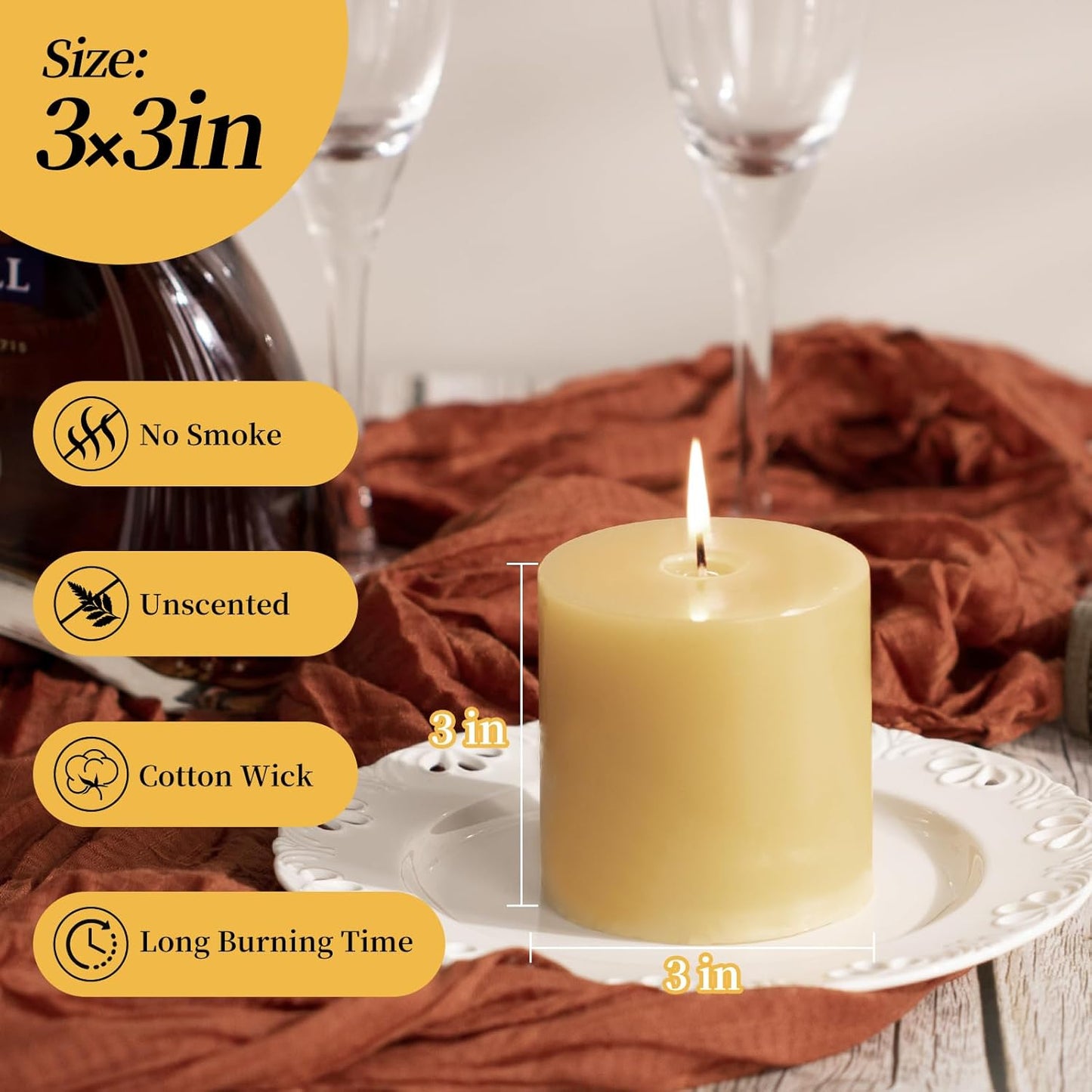 KONNI Mustard Yellow Pillar Candles Set of 3, 3"x 3" Unscented Pillar Candles Bulk, 30 Hours Long Burning Candles, Smokeless&Dripless Large Round Candle for Wedding, Home Decoration, Parties