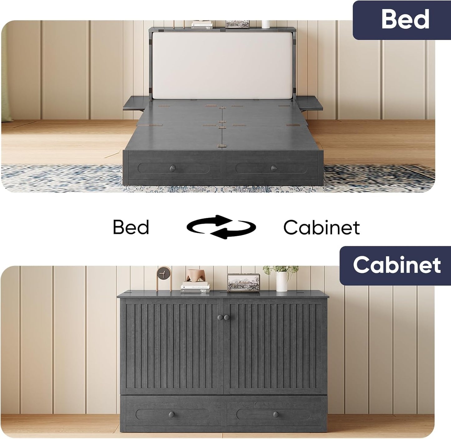 ijuicy Murphy Bed Queen Size with Foam Mattress, Side Storage Board, Cabinet Bed with Charging Station Large Storage Drawer for Space-Saving Room, Foldable Hideaway Bed Queen-Grey