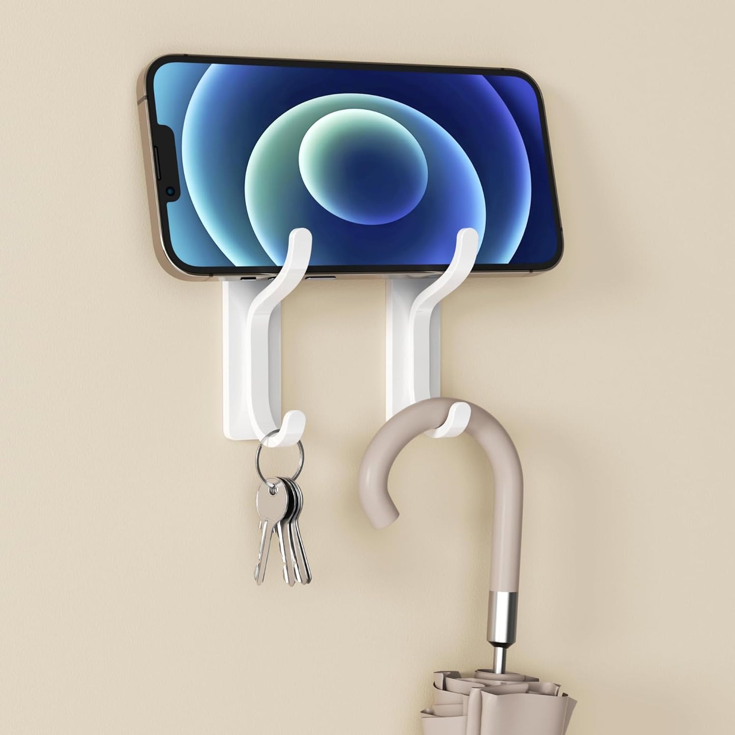 2 Pack Wall Hooks for Hanging: Adhesive Coat Hooks for Hat, Towel, Purse, Clothes, Keys, Backpack, Hangers for Door, Kitchen, Bathroom, Shower, Heavy Duty Stick On, Hold 13 lb, Stainless, White