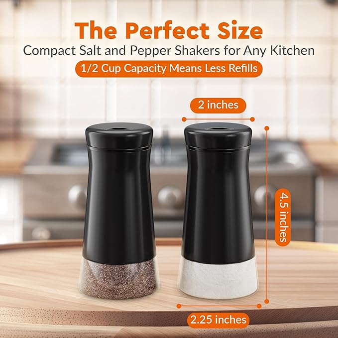 HOME EC Original Salt and Pepper Shakers Set with Adjustable Pour Holes - Black Salt Shaker and Pepper Shaker - Farmhouse Spice dispenser for salts, Ground peppercorn and spices