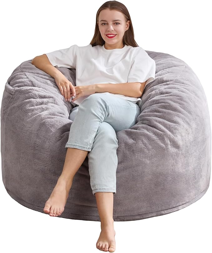Hobestluk 3ft Bean Bag Chairs for Adults Large Beanbag Chair with Plush Faux Fur Cover Big Bean Bag Chair for Living Room Bedroom Dorm Office - Grey (36” x 36” x 22”)