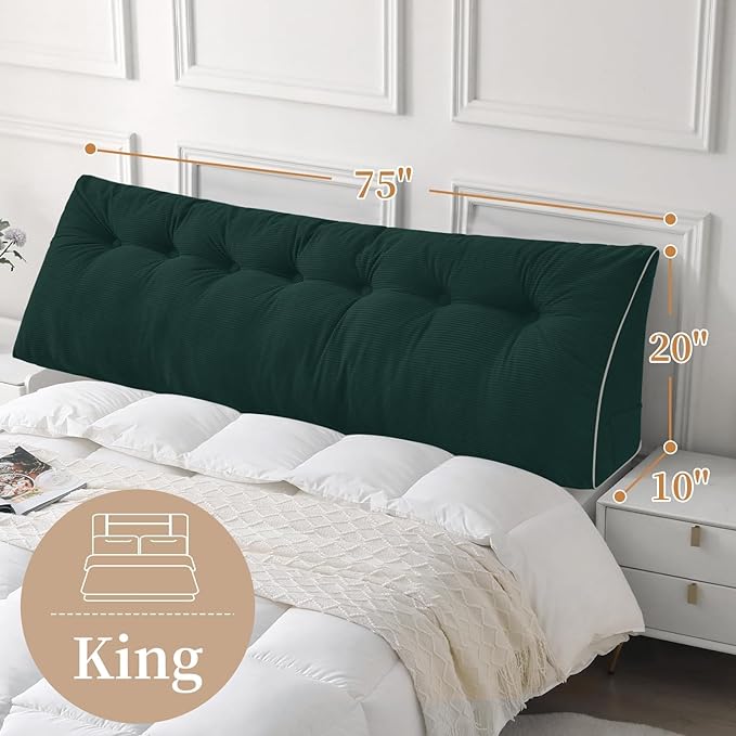 Sasttie Headboard Pillow King, Wedge Pillow Headboard for Sitting Up in Bed, Back-Rest Support Triangular Cushion for Reading - Features Removable Washable Cover, Green