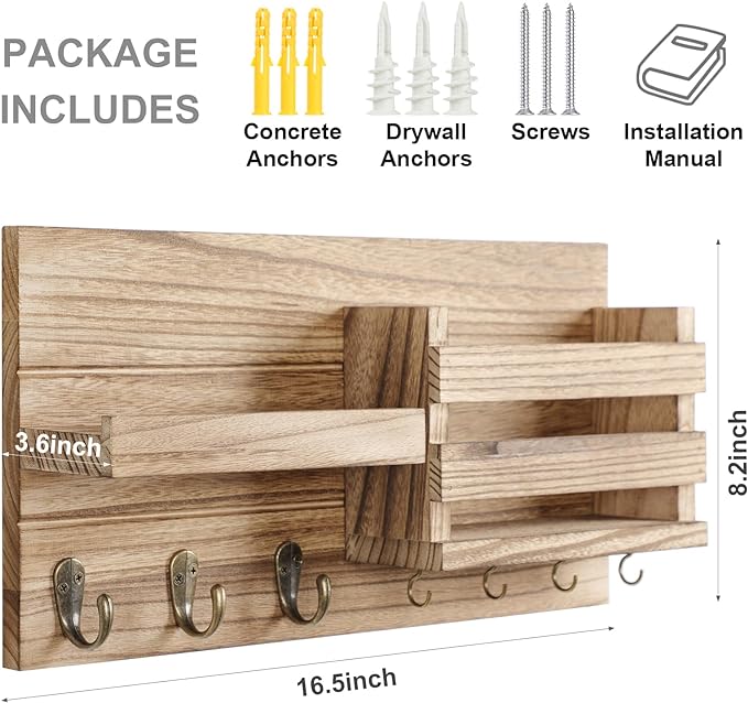 Mail Organizer for Wall Mount – Key Holder with Shelf Includes Letter Holder and Hooks for Coats, Dog Leashes – Rustic Wood with Flush Mounting Hardware (16.5” x 8.7” x 3.5”) (Wood)
