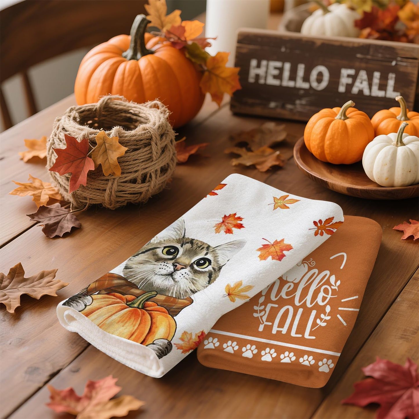 Fall Kitchen Towels Cat Pumpkin Maple Leaves Dish Towels Autumn Harvest Kitchen Decoration Hand Towels Set of 2, 18x26 Inch