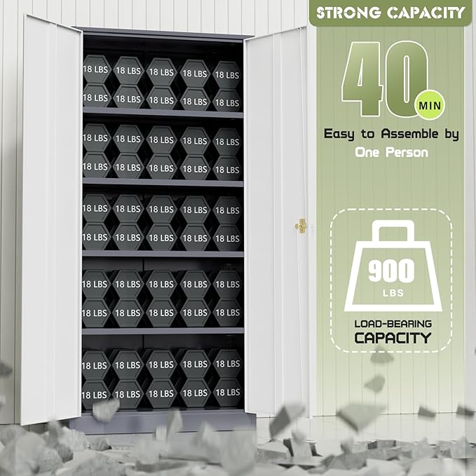 SUNCROWN 72" Metal Storage Cabinet - Heavy-Duty Metal Garage Cabinet with 4 Adjustable Shelves & 2 Doors for Tools, Office, Home, Workshop,Grey & White-Small