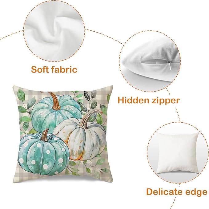 JioJio Chan Fall Pillow Covers 18x18, Set of 4 Thanksgiving Pumpkin Throw Pillows Covers for Sofa Couch, Fall Plaid Farmhouse Decoration for Living Room Bedroom Indoor Outdoor Home Autumn Decor