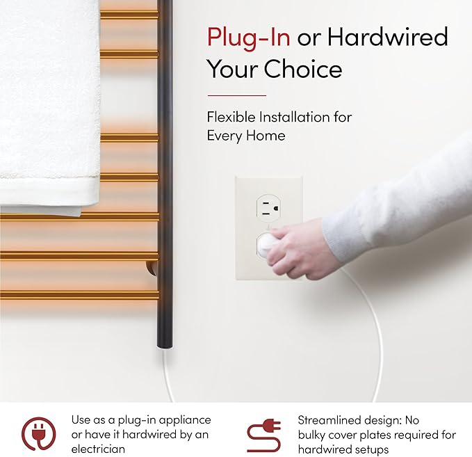 WarmlyYours Black Towel Warmers for Bathroom - Wall Mounted Black Heated Towel Rack with Shelf, 11 Bars Stainless Steel, 20x36 in. Electric Heating and Drying Rack, 120V Plug-in or Hardwired (Summit)