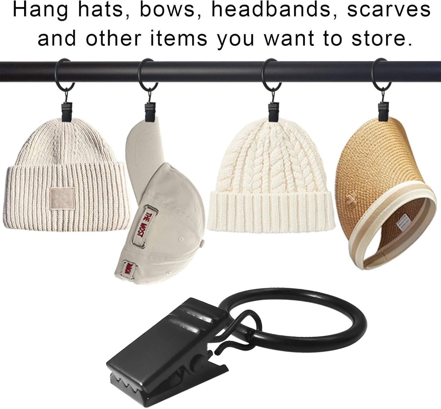 100 Pack Metal Curtain Rings with Clips, Drapery Clips with Rings, Drapes Rings 1 inch Inner Diameter, Fits Diameter 5/8 inch Curtain Rods, Black