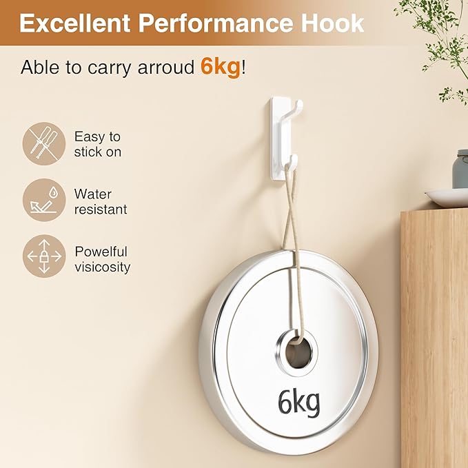 Self Adhesive Wall Hooks for Hanging: Extra Strong 13 LB, Hook for Coat, Towel in Bathrooms, Shower, Kitchen, Wall, Door Hook, White 6 Pack