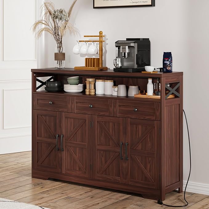 51" Dark Brown Buffet Sideboard Cabinet, Farmhouse Storage Cabinet Kitchen Pantry with Shelf and Drawers, Wood Cupboard Hutch Cabinet, Coffee Bar Station Table for Kitchen, Living Room, Dining Room