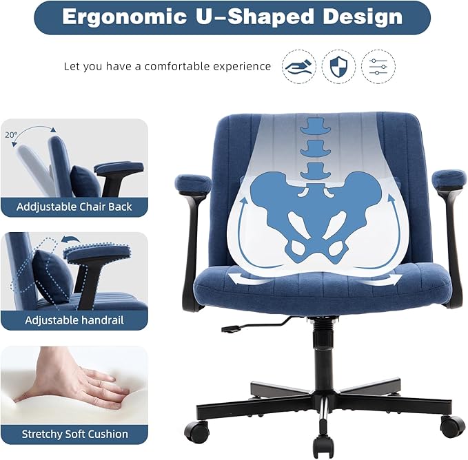 Furnimart Criss Cross Desk Char Wide Seat with Wheels and Arms, 360° Swivel Cross Legged Desk Chair Thick Cushion, Velvet Comfy Armless Home Office Chair for Bedroom, Vanity, Sturdy (Blue)