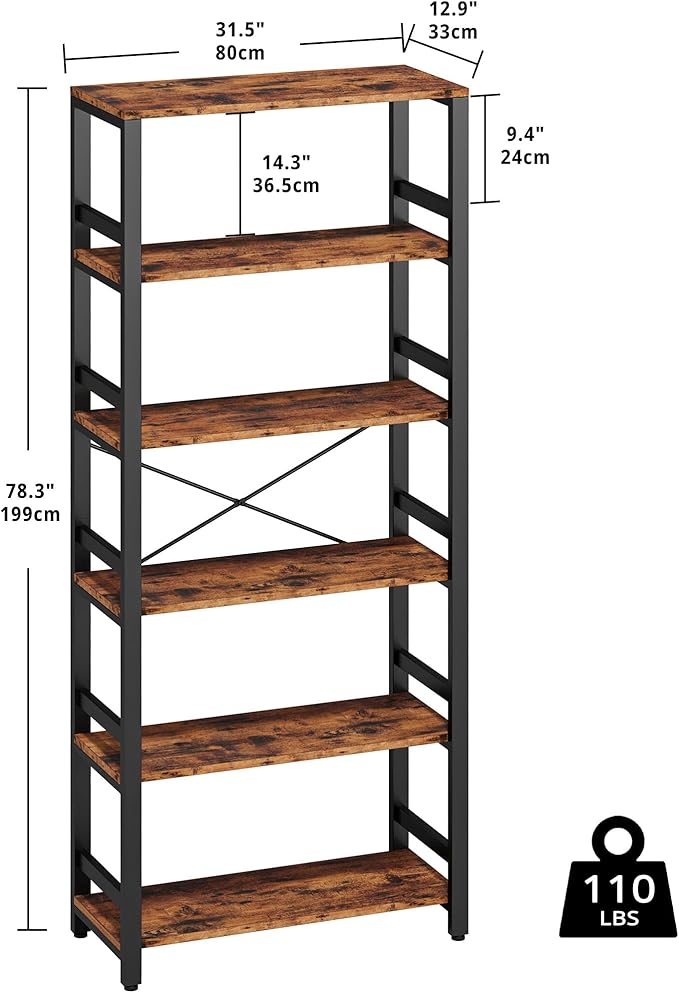 IRONCK Bookshelf, 31.5in Wide Shelf 6 Tier Bookcase, 110lbs/shelf Vintage Industrial Style Bookshelves for Bedroom, Living Room and Home Office, Vintage Brown