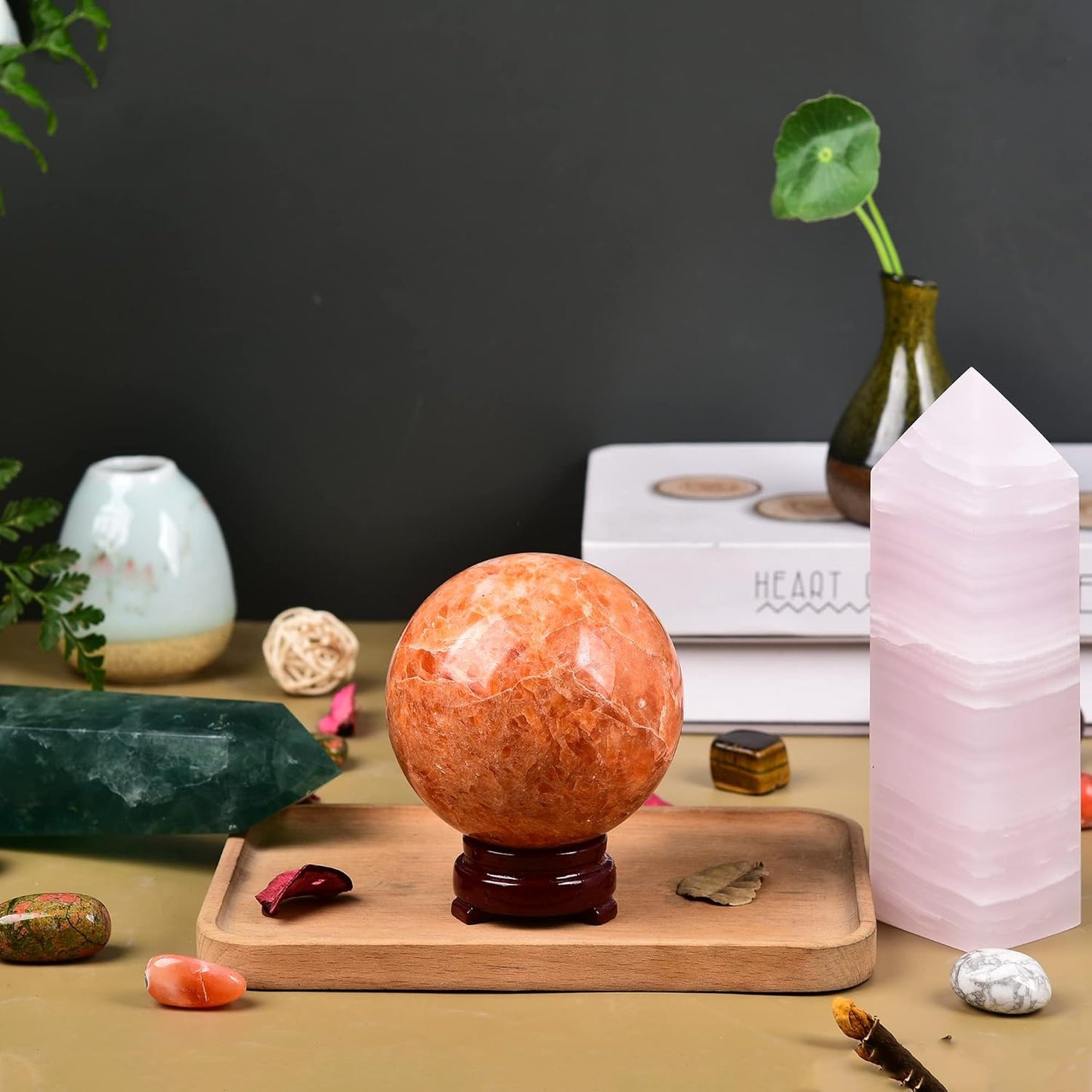 JIC Gem Sunstone Crystal Sphere Ball Natural Quartz Crystal Sphere Ball with Wooden Stand (50-60mm)