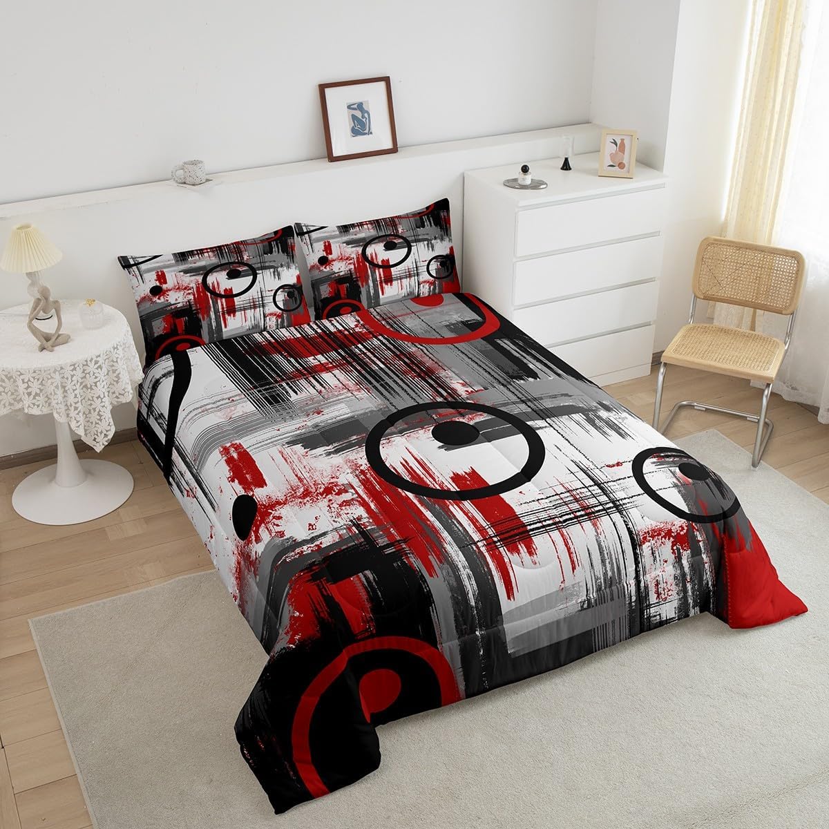 Kids Abstract Comforter Set Full Size Modern Art Bedding Set for Boys Girls Teens Bedroom Decor Geometric Comforter Women Men Geometry Red Black Duvet Set with 2 Pillow Case