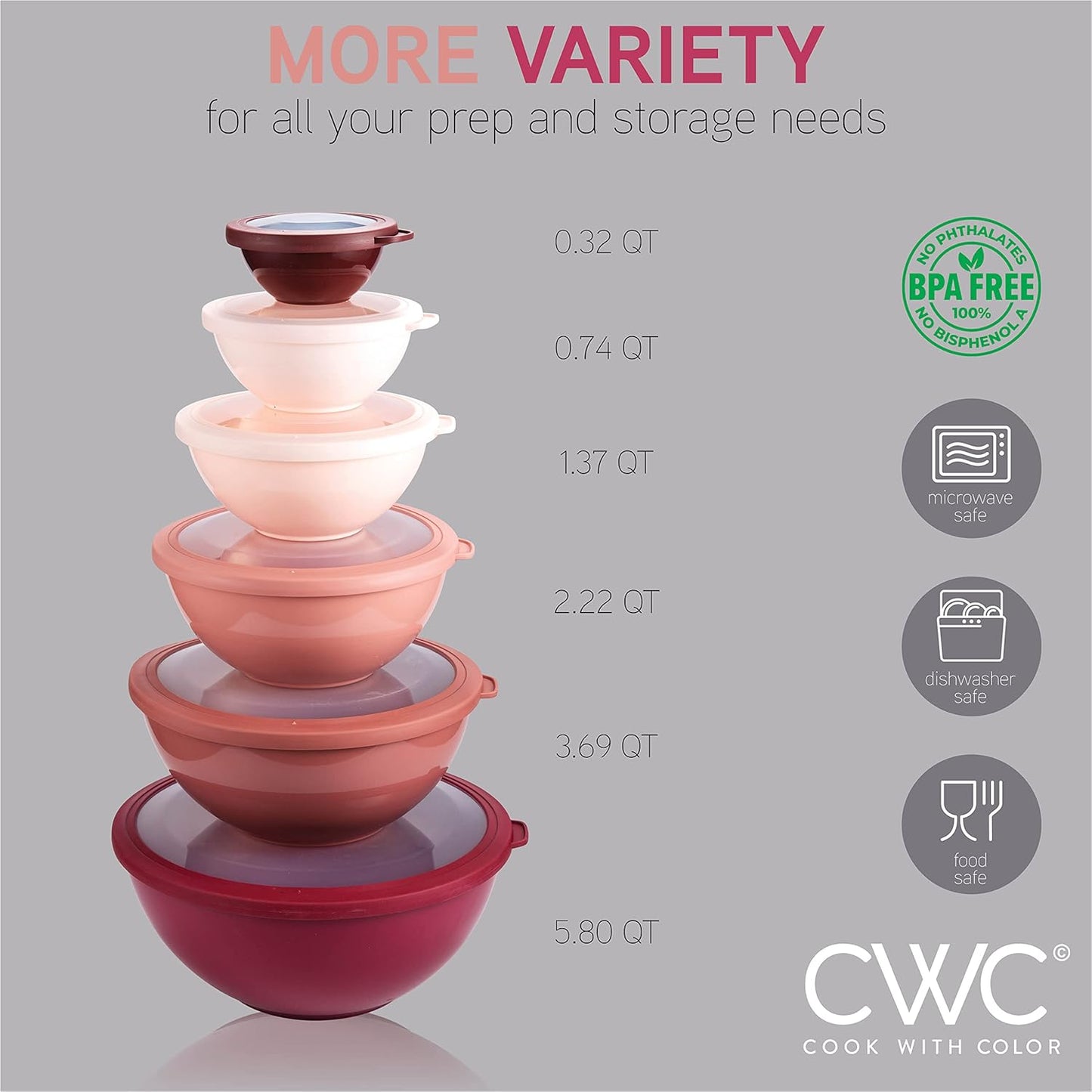 COOK WITH COLOR Mixing Bowls with TPR Lids - 12 Piece Plastic Nesting Bowls Set includes 6 Prep Bowls and 6 Lids, Microwave Safe (Rose)