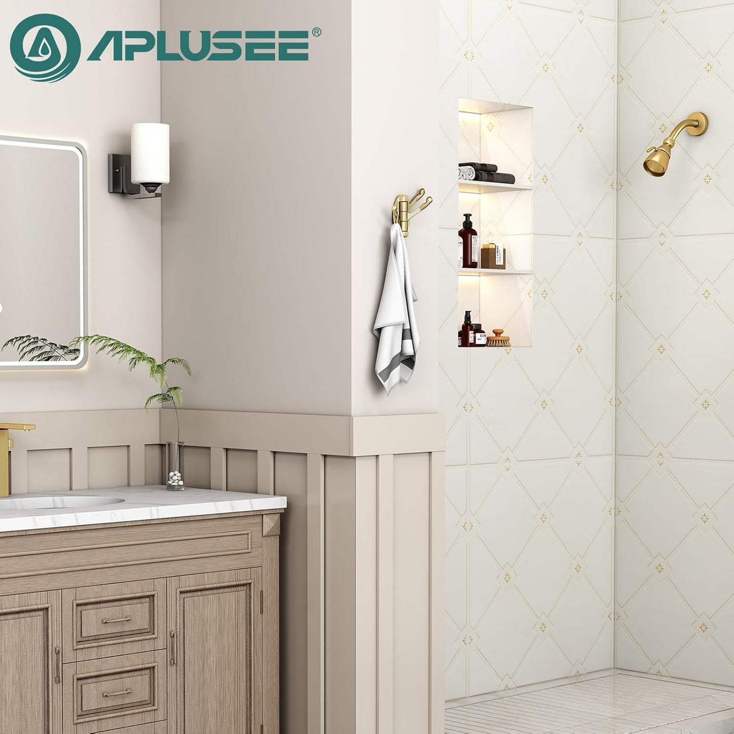 APLusee Swivel Robe Towel Hook 2 PCS Brushed Gold, Metal 3 Arms Folding Clothes Hook, Flexible Bathroom Home RV Storage Holder, Wall Mounted