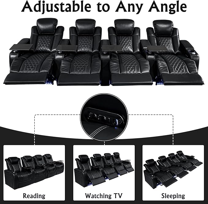 Home Theater Seating, Living Room, Heat & Massage, Powered Headrest, Powered Lumbar, Italian Leather, Powered Recline, Single Recliner (Black, Row of 4)