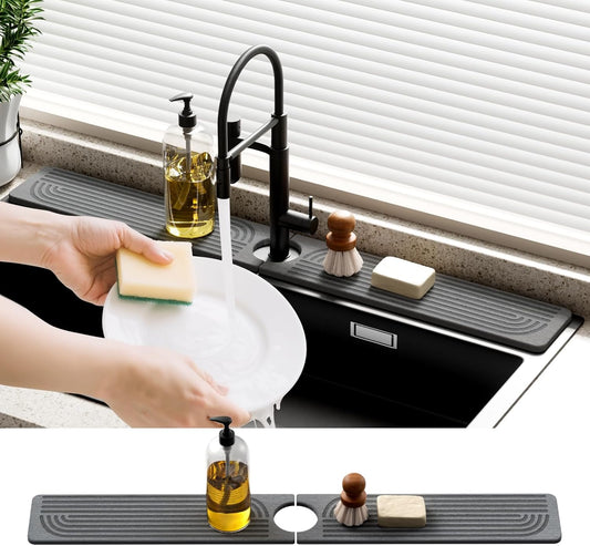 Faucet Mat for Kitchen Sink - 30" Water Absorbing Mat Splash Guard - Quick Drying Stone Sink Tray for Bathroom Sink - Dark Gray