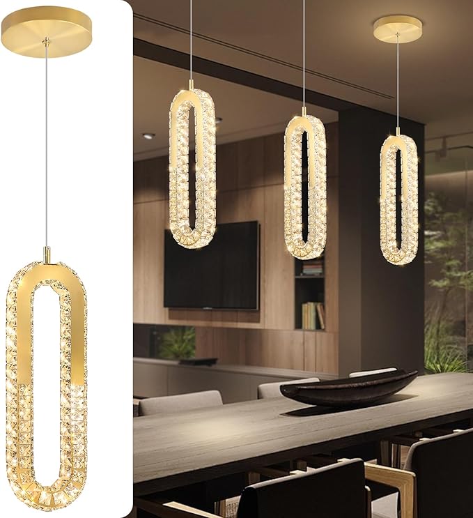 1-Ring Chandelier Gold Modern Pendant Lighting LED Dimmable Hanging Crystal Chandelier for Kitchen Island Foyer Lobby Living Room Staircaes