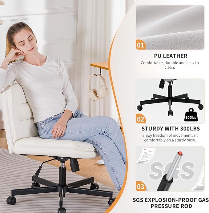 COMHOMA Cross Legged Office Chair with Wheels Armless Office Desk Chair, Modern Vanity Computer Task Chairs for Home Bedroom, Comfortable Wide Seat for Lower Back Pain Relief, PU Leahter, Beige