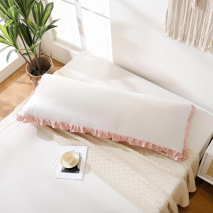 Merryword Pink Body Pillow Cover 20x54inches White and Pink Reversible Long Pillowcase Ruffled Body Pillowcases Cute Pillowcase Pillow Sham (1 Body, White Pink)