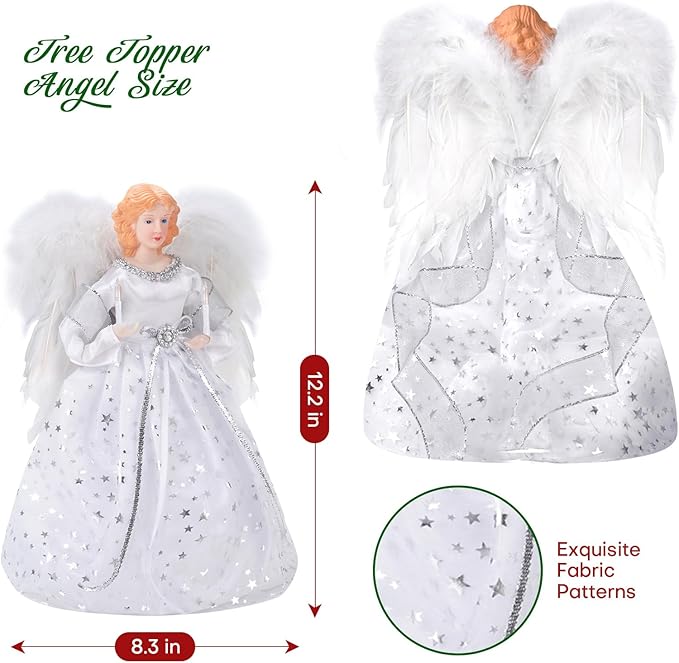 Angel Christmas Tree Topper with Light, Lighted Tree Toppers Christmas Decorations, Elegant and Durable, Perfect for Holiday Home Decor and Gifts, White, WOKEISE