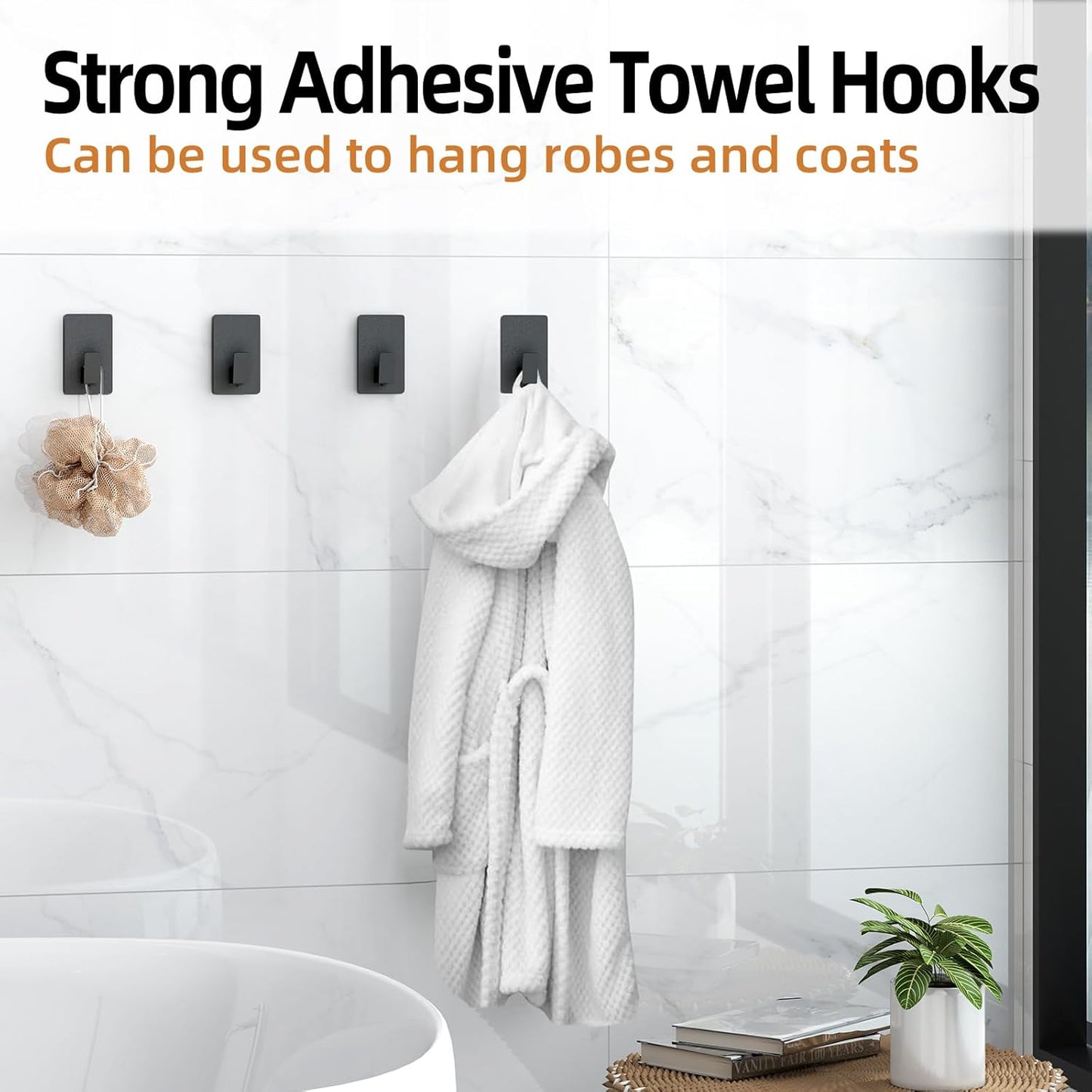 Towel Hooks for Bathrooms Adhesive, 4 Pack Towel Hooks Heavy Duty Wall Hook for Hanging Towel, Robe, Loofah, Purse, Stainless Steel Shower Hooks for Inside Shower, Kitchen (Black)