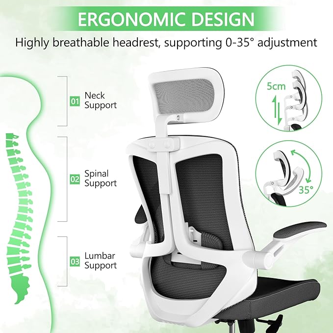 Office Desk Chair, High Back Ergonomic Comfy Offiec Chairs, Computer Mesh Chair with Folding Arms, Adjustable Headrest, Capacity 350LBS, Lumbar Support